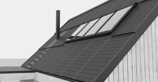 a render of solarstone solar full roof with roof windows, a chimney and roof ladder