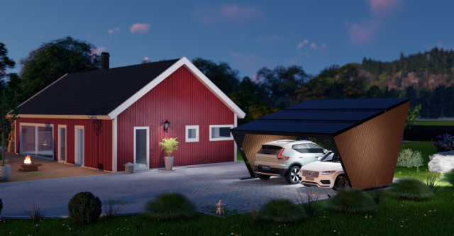 a house and solar carport with 2 cars parked under in the evening sun