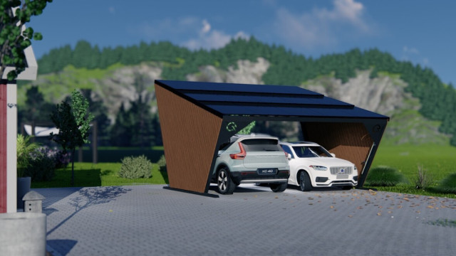 two cars parked under solarstone solar carport