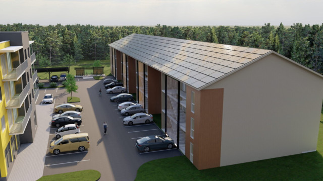 an artist's rendering of a building with a parking lot and solar panels on the roof