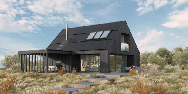 a render of a small black house with a black solar roof