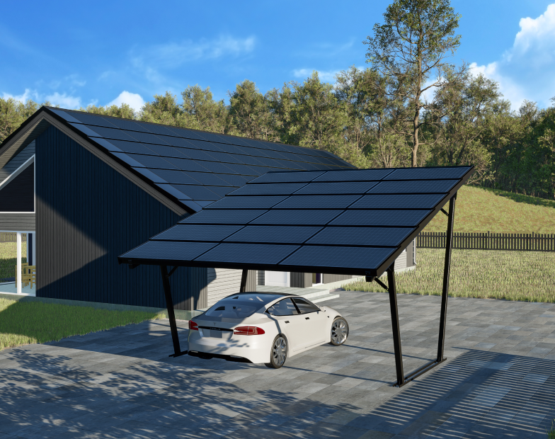 an image of a solar carport, house with solar roof and some trees