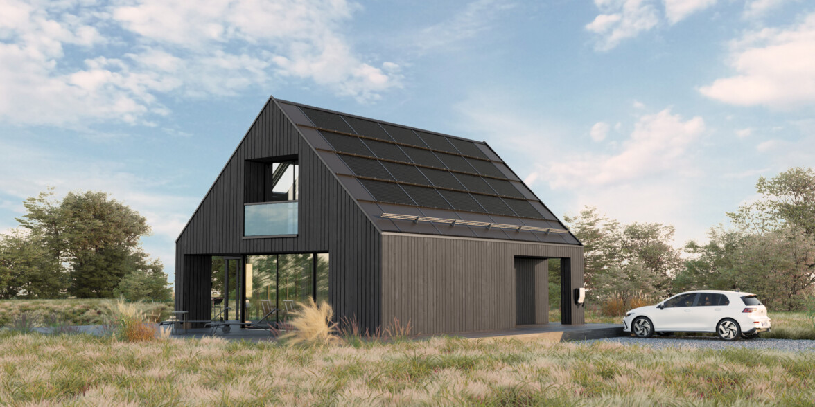 a render of a small black house with solar roof and a white car