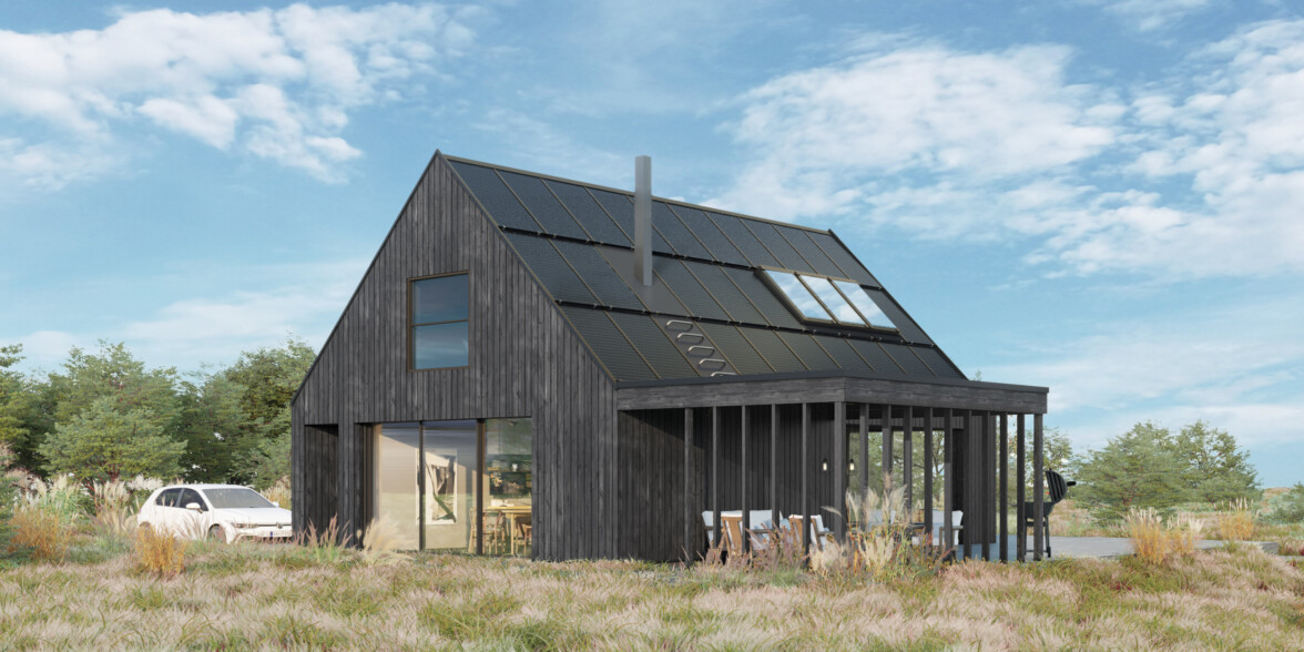 a render of a small black house with solar roof and a white car