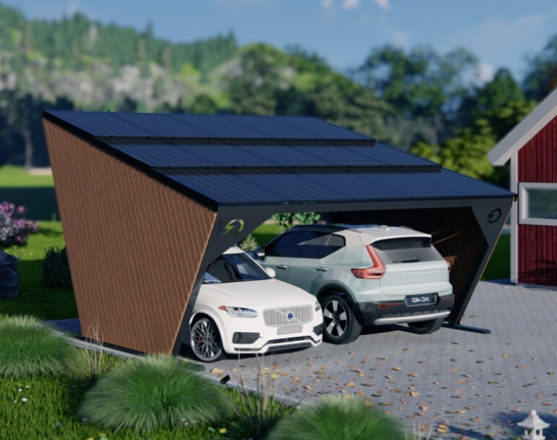 a render of solarstone solar carport with 2 cars parked under