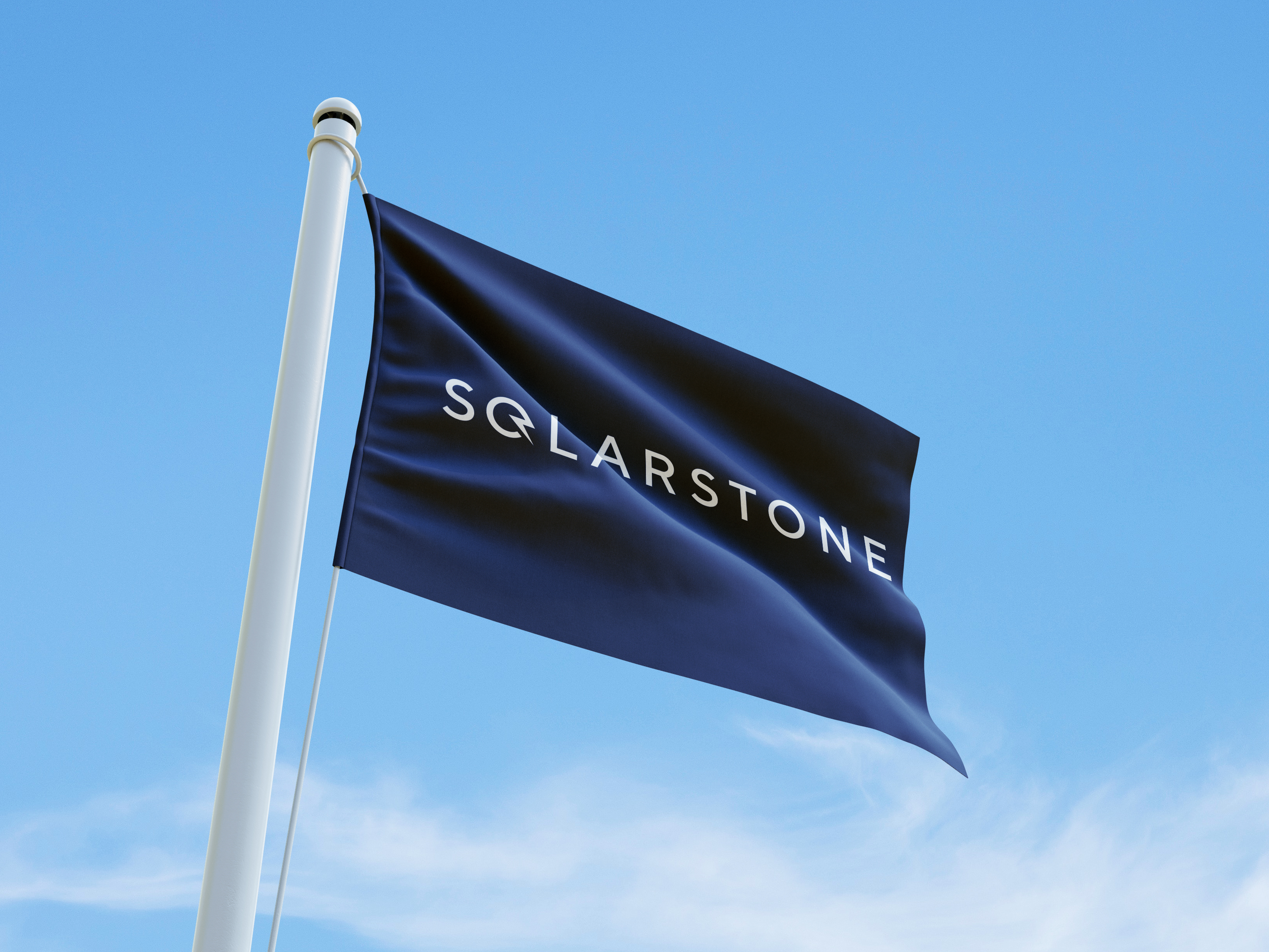 Blue flag waving with a white Solarstone logo on it