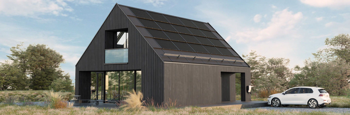 black house render with solar panels and white car
