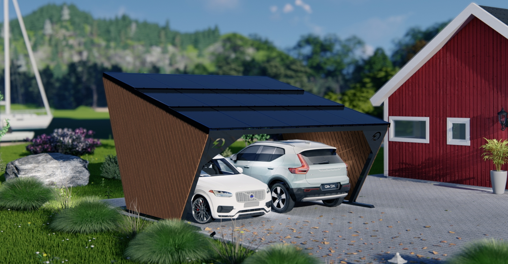 a house and solar carport with 2 cars parked under in daytime