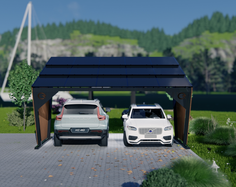 a house and solar carport with 2 cars parked under in daytime