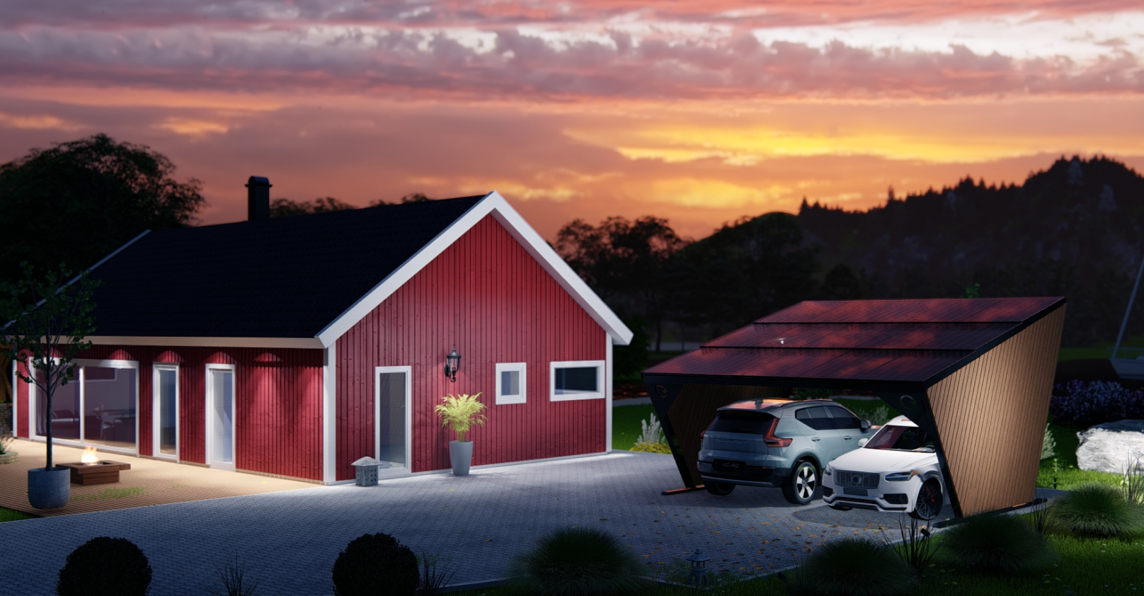 a house and solar carport with 2 cars parked under in the evening sun
